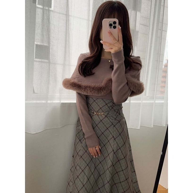 甜心貓💕現貨有標。 日單 多家 GRL 優雅金釦腰帶裝飾經典格紋高腰半裙 兩色 S-LL 長裙 A字裙 裙子 半身裙-細節圖2