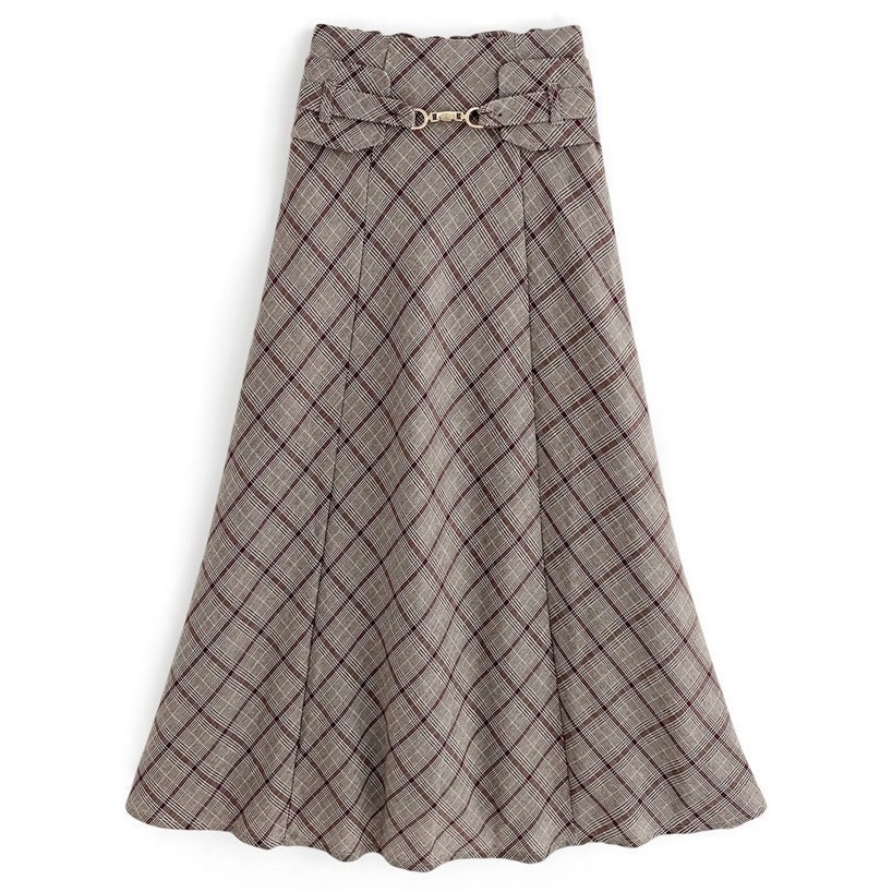 甜心貓💕現貨有標。 日單 多家 GRL 優雅金釦腰帶裝飾經典格紋高腰半裙 兩色 S-LL 長裙 A字裙 裙子 半身裙-細節圖4