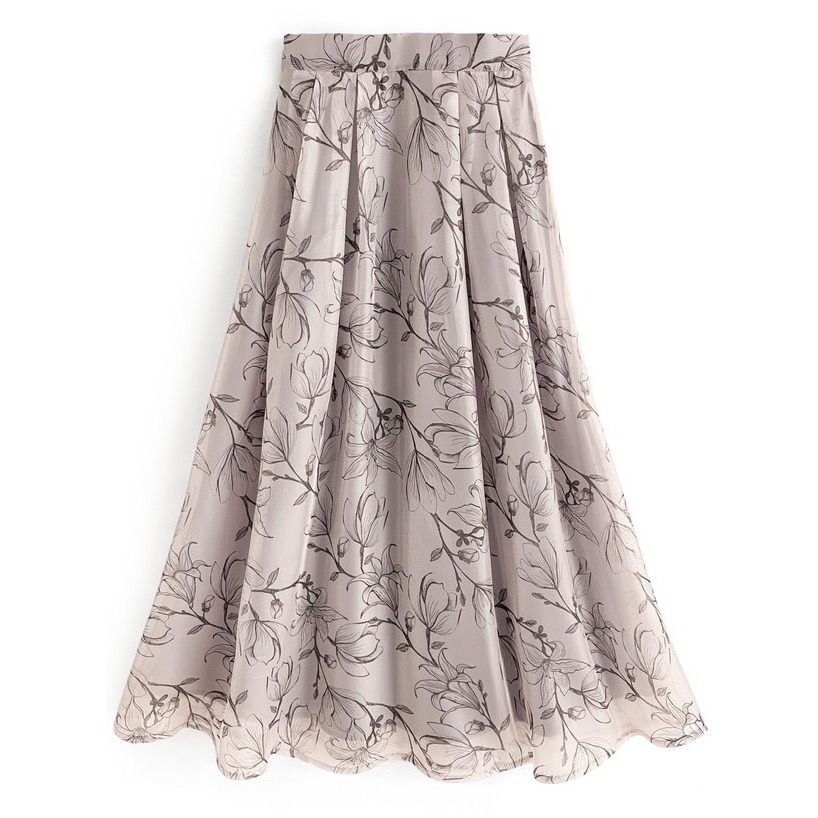 甜心貓💕少量現貨。 日單 GRL  優雅古典美光澤感歐根紗花卉半裙 兩色 S/M 長裙 A字裙 半身裙-細節圖4