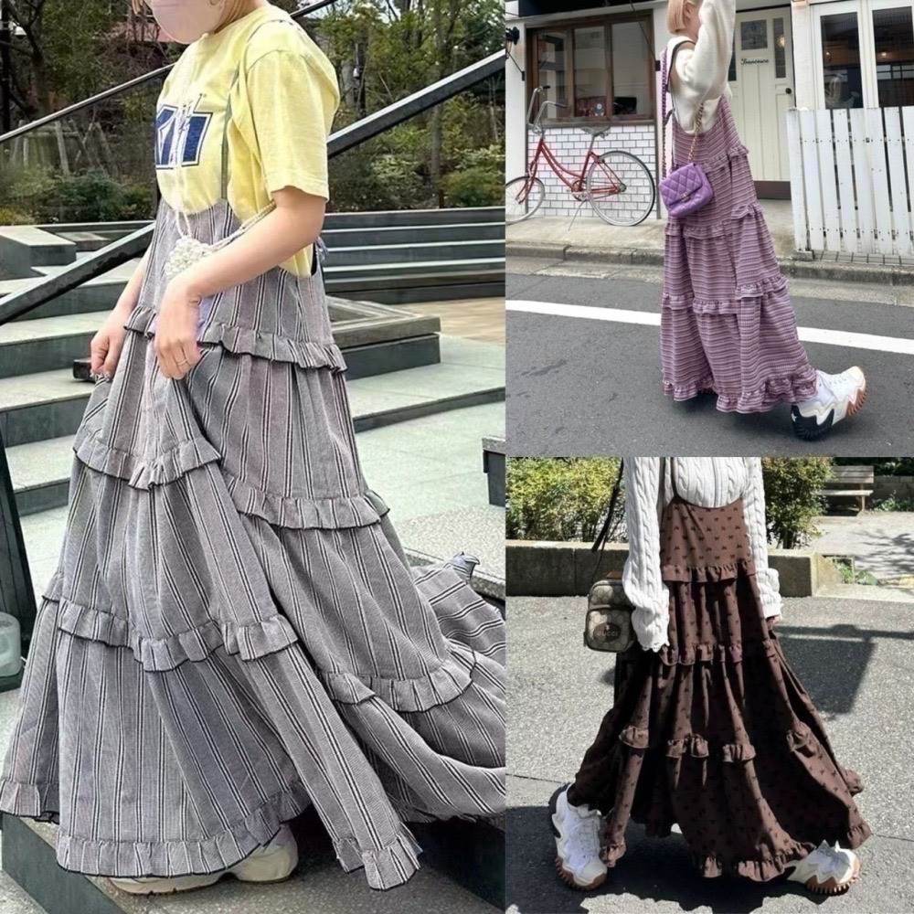 甜心貓💕現貨。【Alley】by w closet  日本熱賣款可疊穿多層荷葉邊吊帶裙 三色均碼 連衣裙肩帶裙-細節圖2