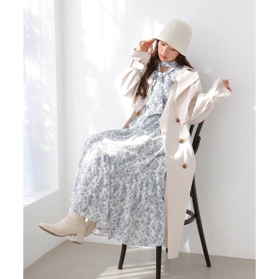 甜心貓💕現貨！日本追加款# 日單 NICE CLAUP 甜美水彩印花蕾絲馬克司束腰泡泡喇叭長袖洋裝 多色 連衣裙-細節圖4