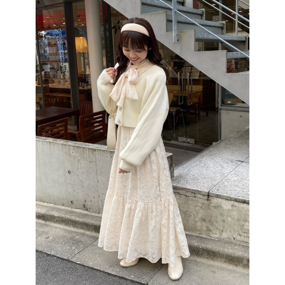 甜心貓💕現貨！日本追加款# 日單 NICE CLAUP 甜美水彩印花蕾絲馬克司束腰泡泡喇叭長袖洋裝 多色 連衣裙-細節圖5