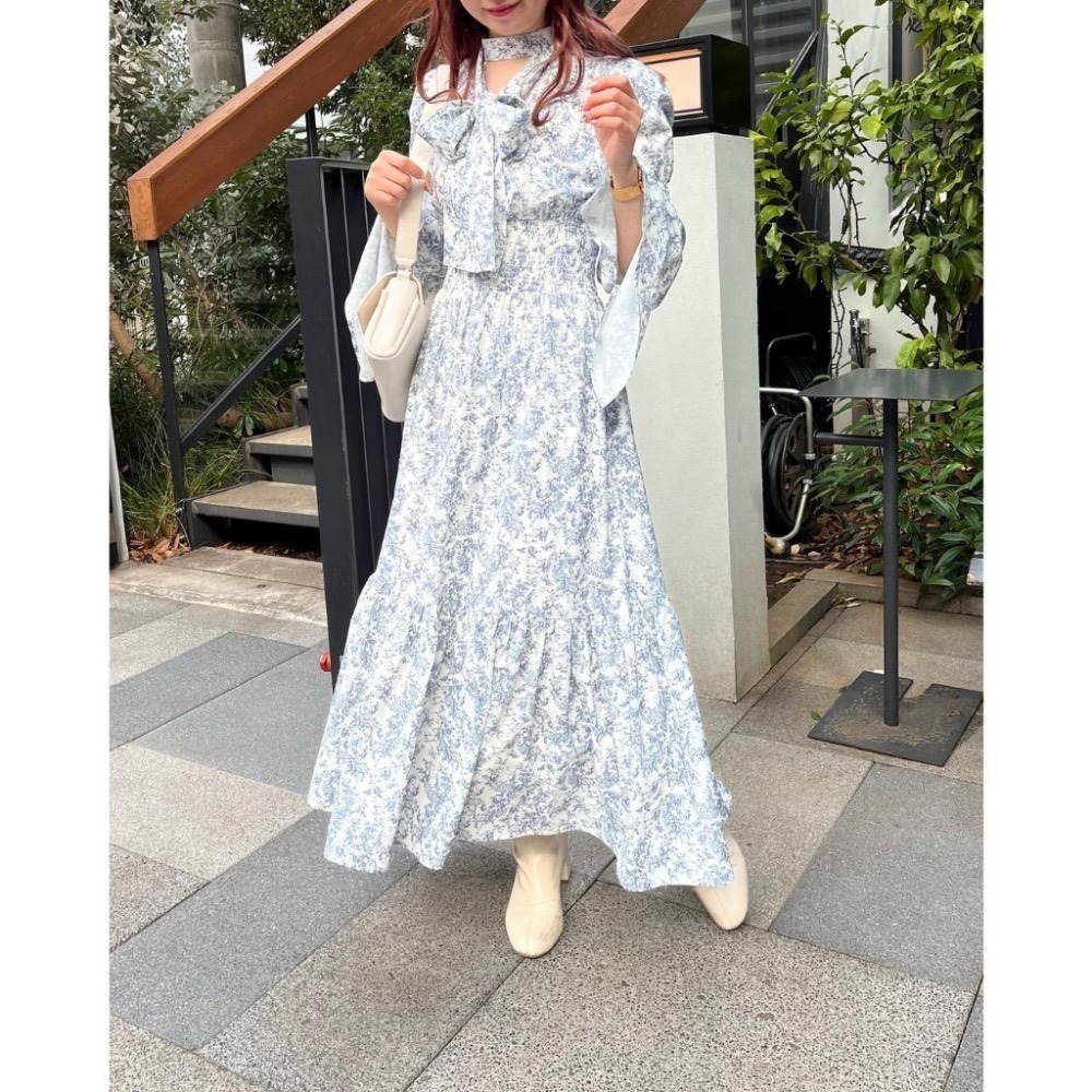 甜心貓💕現貨！日本追加款# 日單 NICE CLAUP 甜美水彩印花蕾絲馬克司束腰泡泡喇叭長袖洋裝 多色 連衣裙-細節圖8