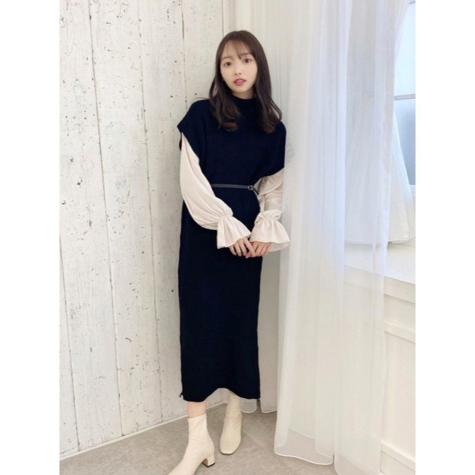 甜甜貓💕現貨~日本再入荷熱賣爆款~ 日單 GRL 假兩件雪紡袖拼接針織連衣裙 附腰帶 三色 M/L 洋裝 連身裙-細節圖3