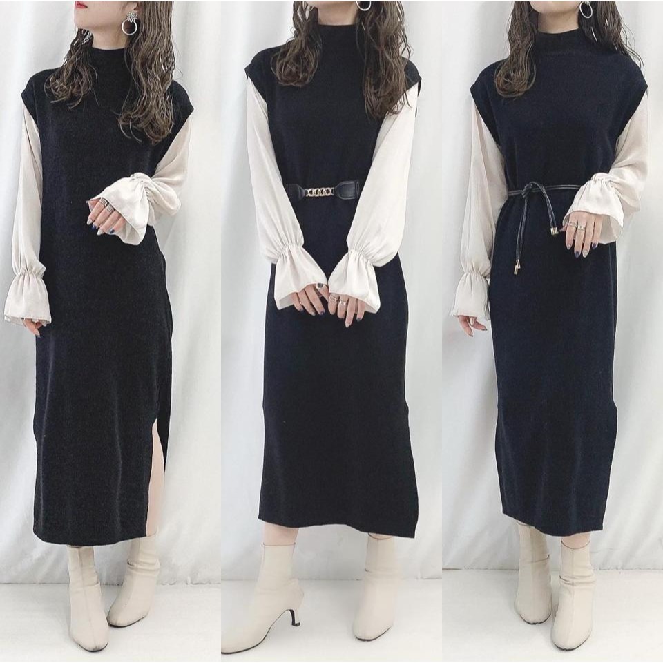 甜甜貓💕現貨~日本再入荷熱賣爆款~ 日單 GRL 假兩件雪紡袖拼接針織連衣裙 附腰帶 三色 M/L 洋裝 連身裙-細節圖5