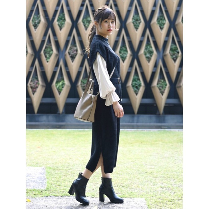 甜甜貓💕現貨~日本再入荷熱賣爆款~ 日單 GRL 假兩件雪紡袖拼接針織連衣裙 附腰帶 三色 M/L 洋裝 連身裙-細節圖7