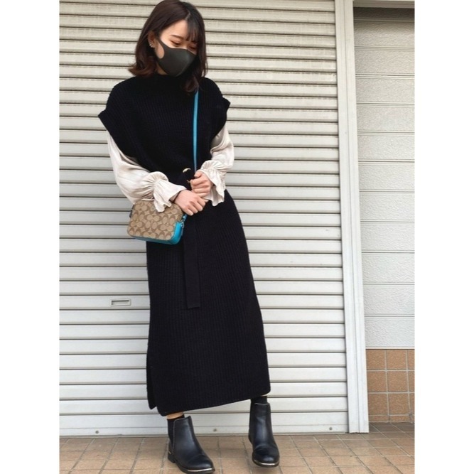 甜甜貓💕現貨~日本再入荷熱賣爆款~ 日單 GRL 假兩件雪紡袖拼接針織連衣裙 附腰帶 三色 M/L 洋裝 連身裙-細節圖9