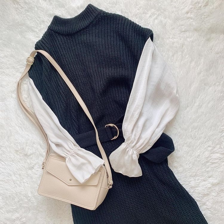 甜甜貓💕現貨~日本再入荷熱賣爆款~ 日單 GRL 假兩件雪紡袖拼接針織連衣裙 附腰帶 三色 M/L 洋裝 連身裙-細節圖10