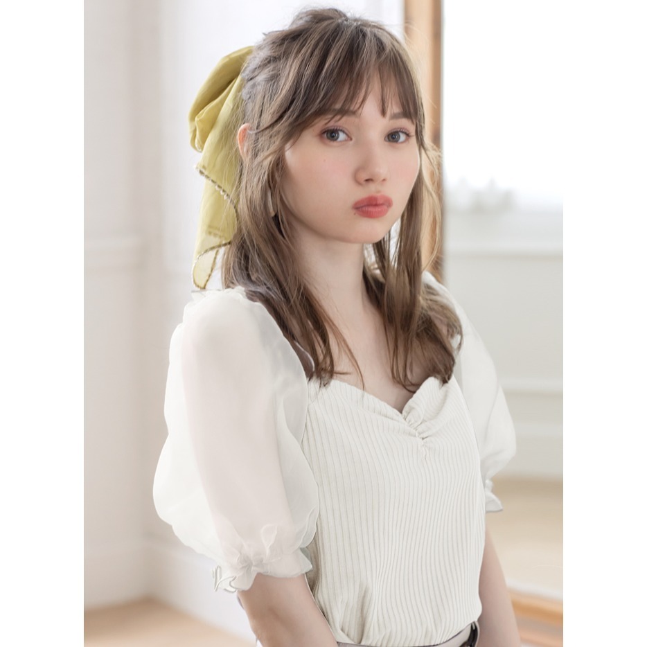 甜心貓💕少量現貨有吊牌~日本再入荷！日單 GRL 多家 甜美桃心領網紗泡泡袖拼接薄款針織上衣 三色+2 均碼-細節圖6