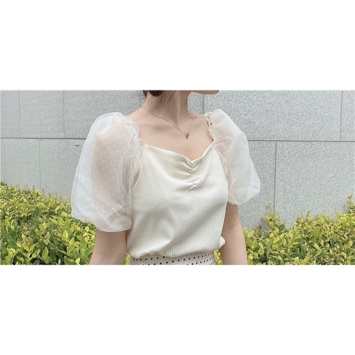 甜心貓💕少量現貨有吊牌~日本再入荷！日單 GRL 多家 甜美桃心領網紗泡泡袖拼接薄款針織上衣 三色+2 均碼-細節圖7
