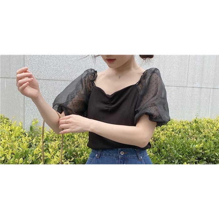 甜心貓💕少量現貨有吊牌~日本再入荷！日單 GRL 多家 甜美桃心領網紗泡泡袖拼接薄款針織上衣 三色+2 均碼-細節圖9