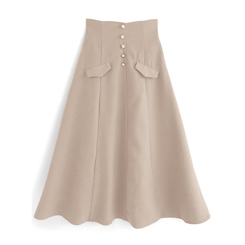 甜心貓💕少量現貨有標~日單 GRL 顯瘦高腰單排釦裝飾半身裙 三色 SML 長裙 A字裙-細節圖4