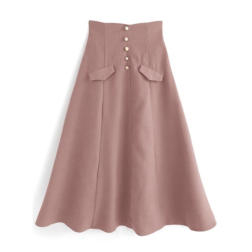 甜心貓💕少量現貨有標~日單 GRL 顯瘦高腰單排釦裝飾半身裙 三色 SML 長裙 A字裙-細節圖5