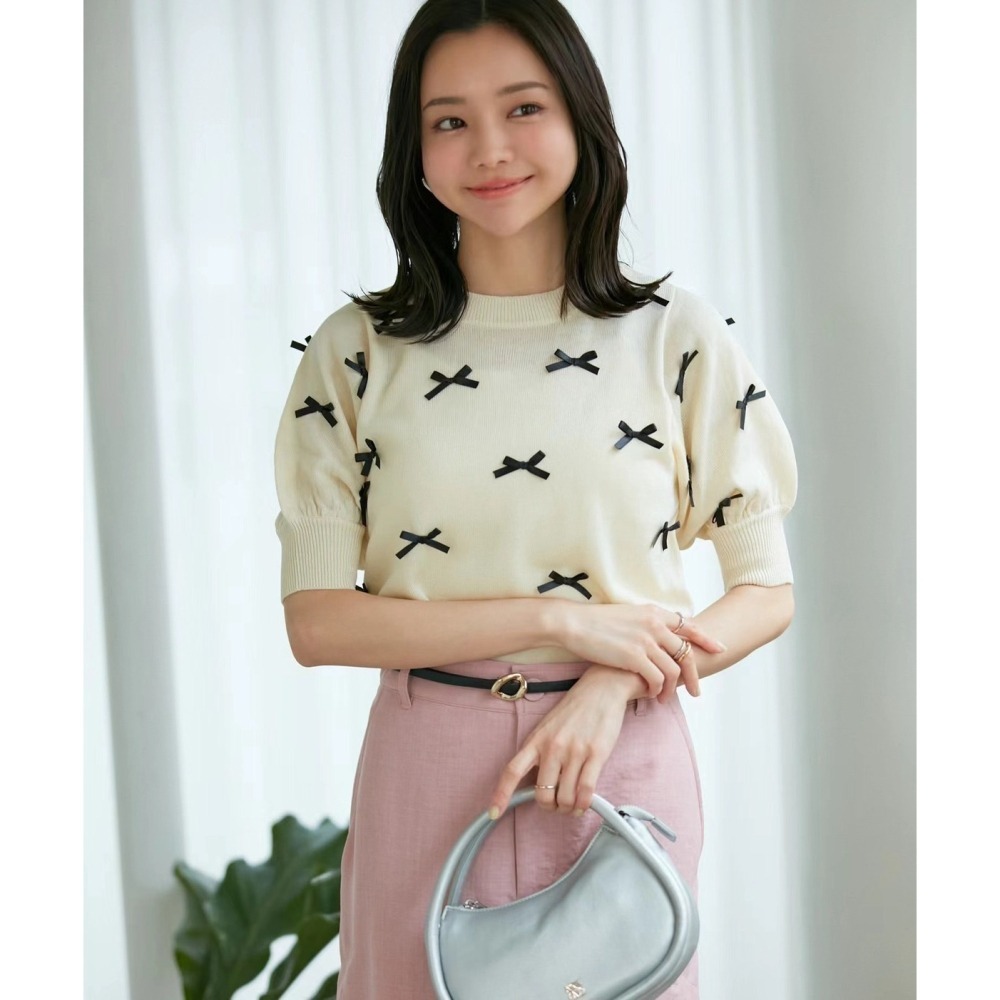 甜心貓~現貨。日單 VIS 甜美蝴蝶結薄款短袖針織衫 四色 均碼 針織上衣-細節圖2