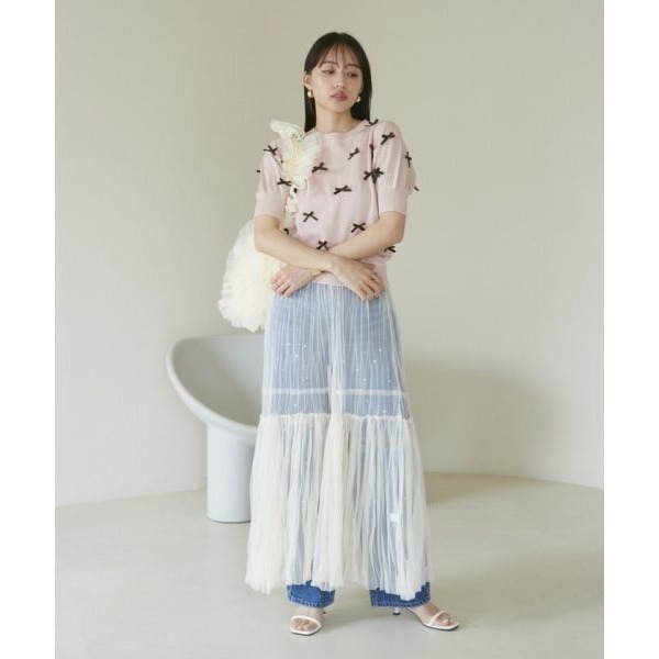 甜心貓~現貨。日單 VIS 甜美蝴蝶結薄款短袖針織衫 四色 均碼 針織上衣-細節圖5