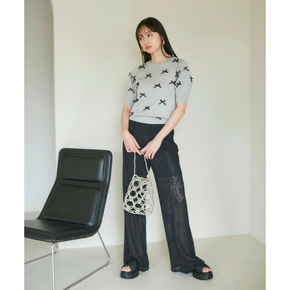 甜心貓~現貨。日單 VIS 甜美蝴蝶結薄款短袖針織衫 四色 均碼 針織上衣-細節圖6