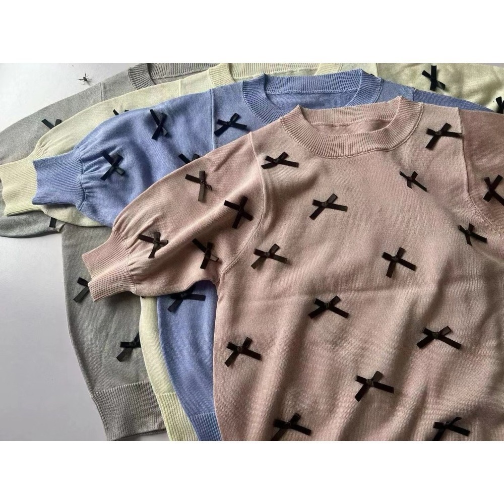 甜心貓~現貨。日單 VIS 甜美蝴蝶結薄款短袖針織衫 四色 均碼 針織上衣-細節圖11