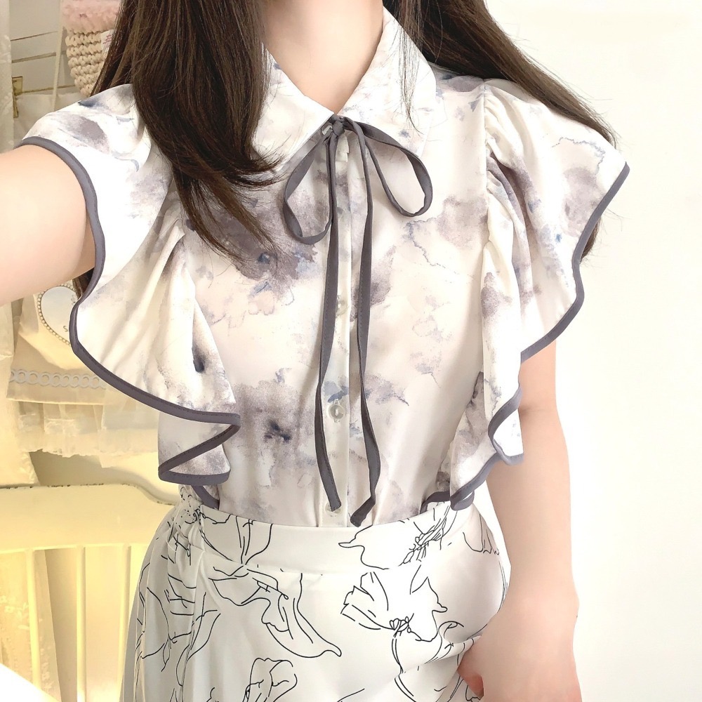 甜心貓💕少量現貨~ 日單 GRL 水彩墨蝴蝶結綁帶飛袖襯衫 如圖 均碼-細節圖4