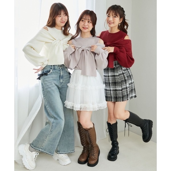 甜心貓~現貨# 日本🇯🇵大人氣！ 日單 MAJESTIC LEGON 甜美大蝴蝶結露肩釘小鑽針織上衣 多色 均碼-細節圖6