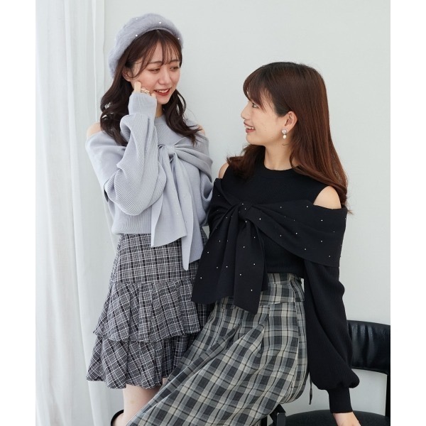 甜心貓~現貨# 日本🇯🇵大人氣！ 日單 MAJESTIC LEGON 甜美大蝴蝶結露肩釘小鑽針織上衣 多色 均碼-細節圖7