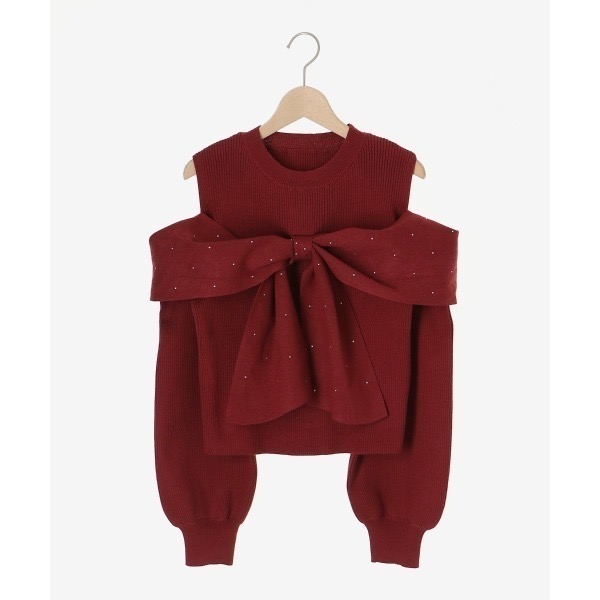 甜心貓~現貨# 日本🇯🇵大人氣！ 日單 MAJESTIC LEGON 甜美大蝴蝶結露肩釘小鑽針織上衣 多色 均碼-規格圖11