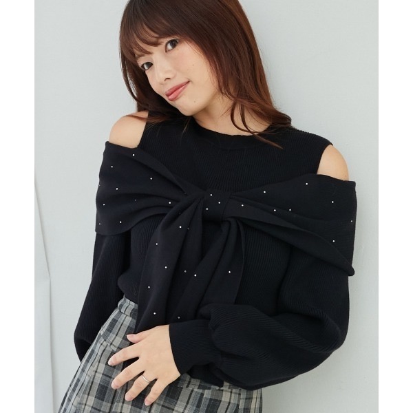 甜心貓~現貨# 日本🇯🇵大人氣！ 日單 MAJESTIC LEGON 甜美大蝴蝶結露肩釘小鑽針織上衣 多色 均碼-規格圖11