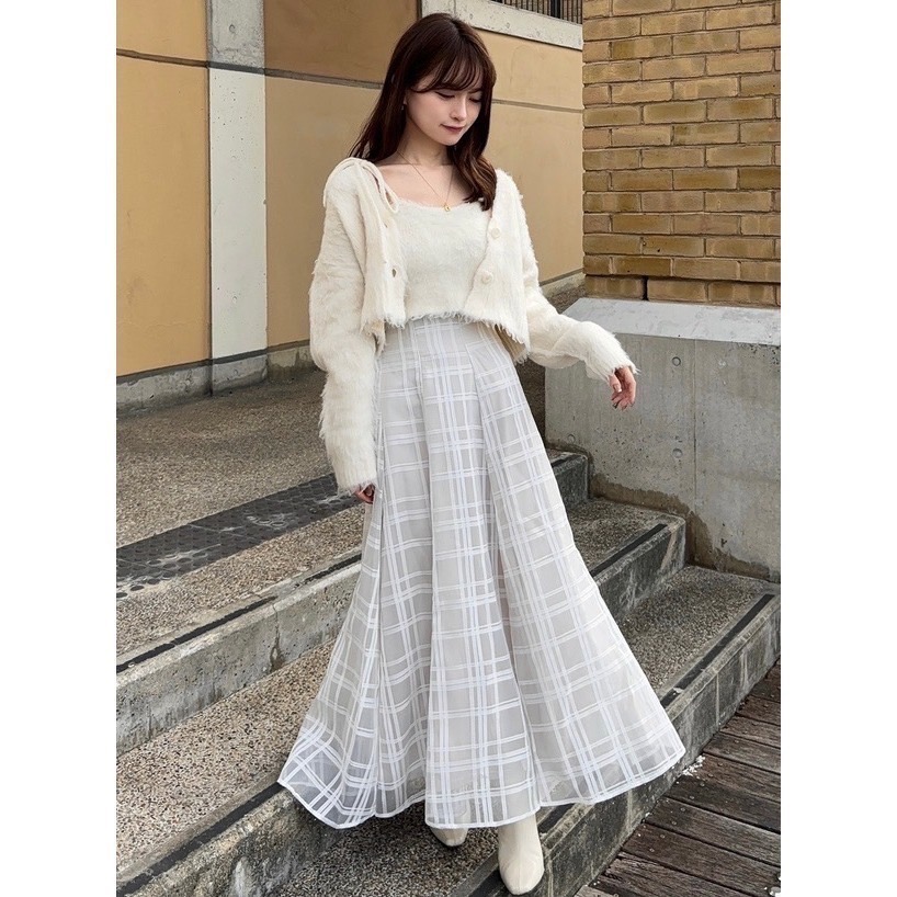 甜心貓~現貨。 GRL 🇯🇵超人氣！高腰顯瘦經典格子網紗喇叭裙 三色 S-L 長裙 A字裙 半身裙-細節圖3