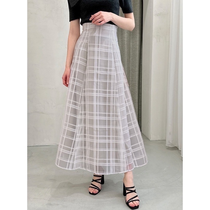 甜心貓~現貨。 GRL 🇯🇵超人氣！高腰顯瘦經典格子網紗喇叭裙 三色 S-L 長裙 A字裙 半身裙-細節圖5
