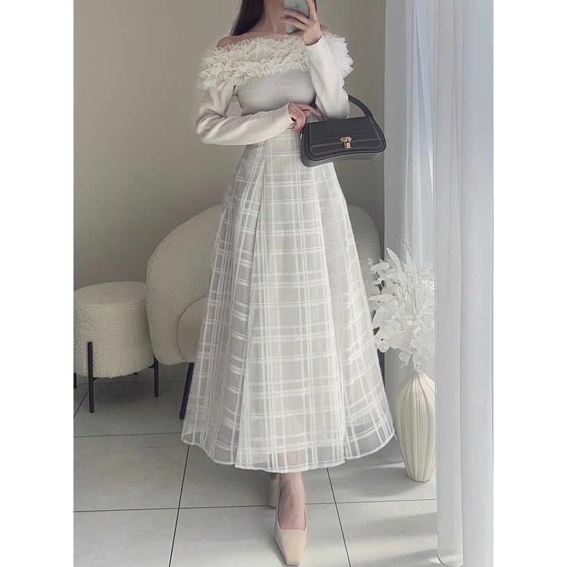 甜心貓~現貨。 GRL 🇯🇵超人氣！高腰顯瘦經典格子網紗喇叭裙 三色 S-L 長裙 A字裙 半身裙-細節圖8