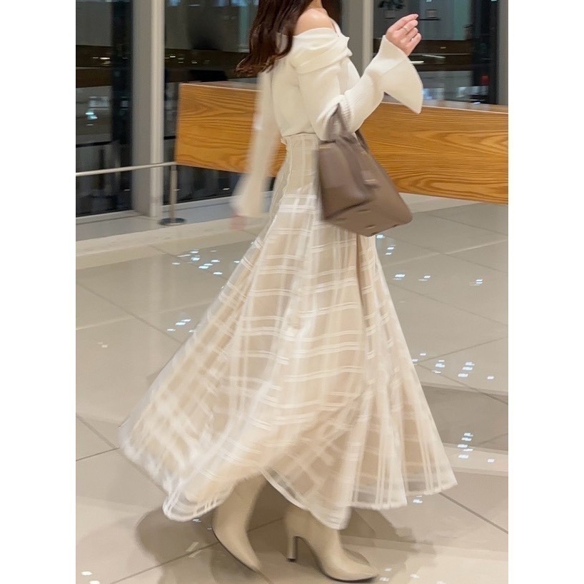 甜心貓~現貨。 GRL 🇯🇵超人氣！高腰顯瘦經典格子網紗喇叭裙 三色 S-L 長裙 A字裙 半身裙-細節圖2