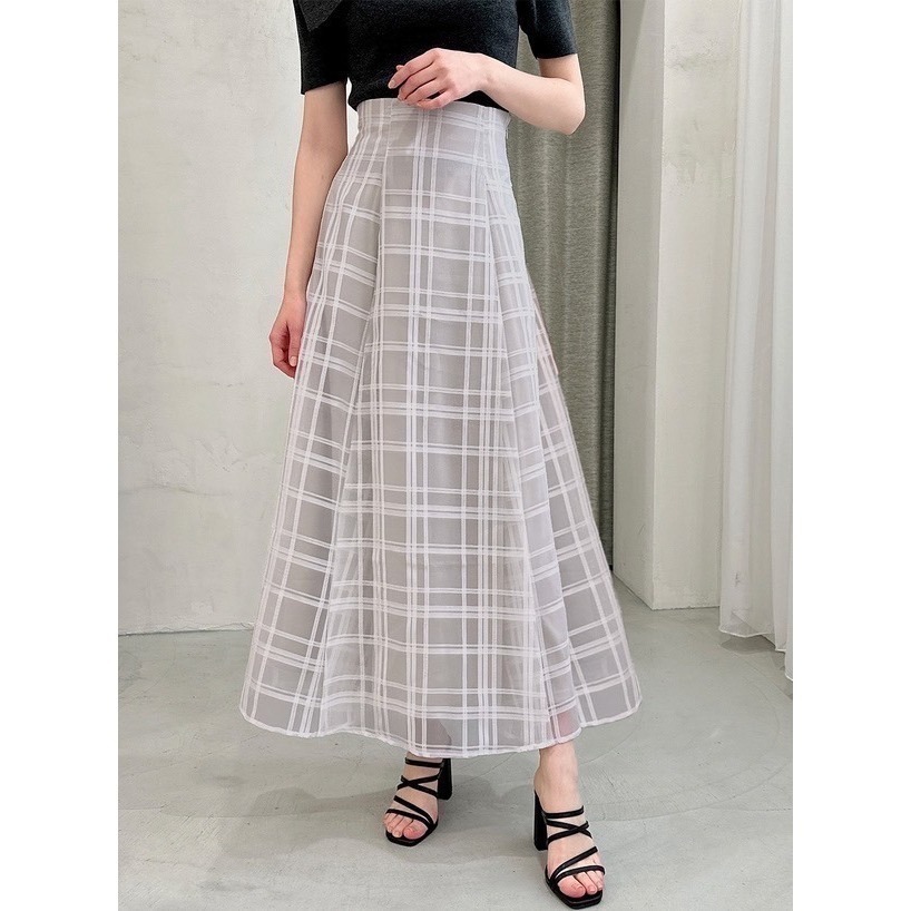甜心貓~現貨。 GRL 🇯🇵超人氣！高腰顯瘦經典格子網紗喇叭裙 三色 S-L 長裙 A字裙 半身裙-細節圖5