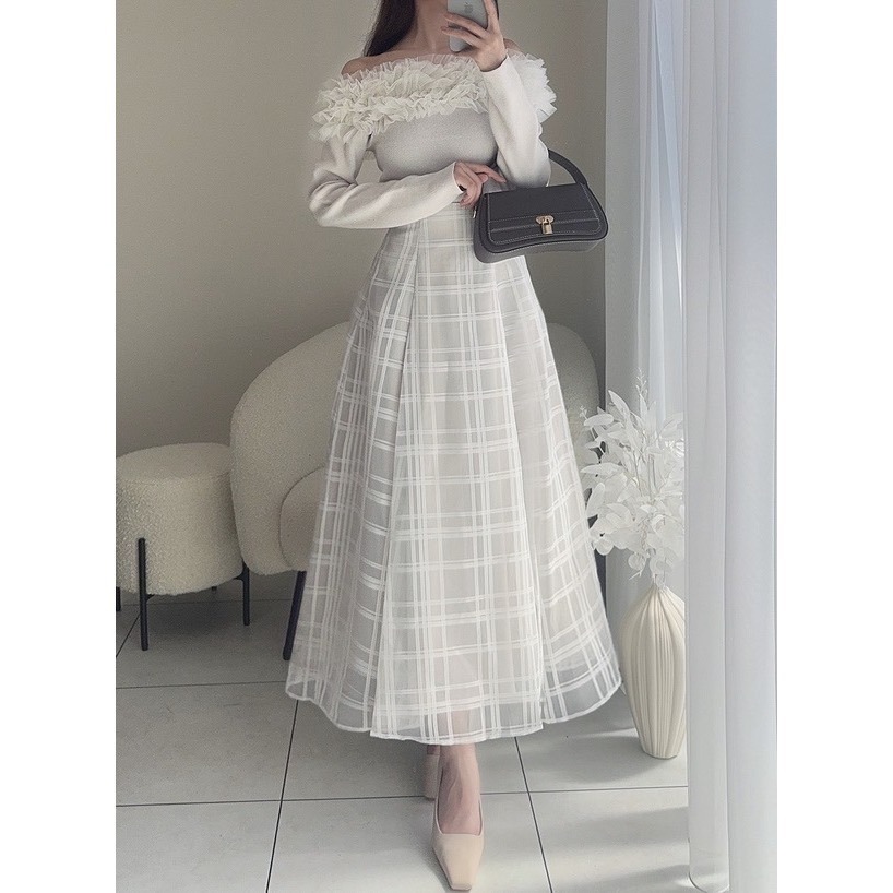 甜心貓~現貨。 GRL 🇯🇵超人氣！高腰顯瘦經典格子網紗喇叭裙 三色 S-L 長裙 A字裙 半身裙-細節圖8