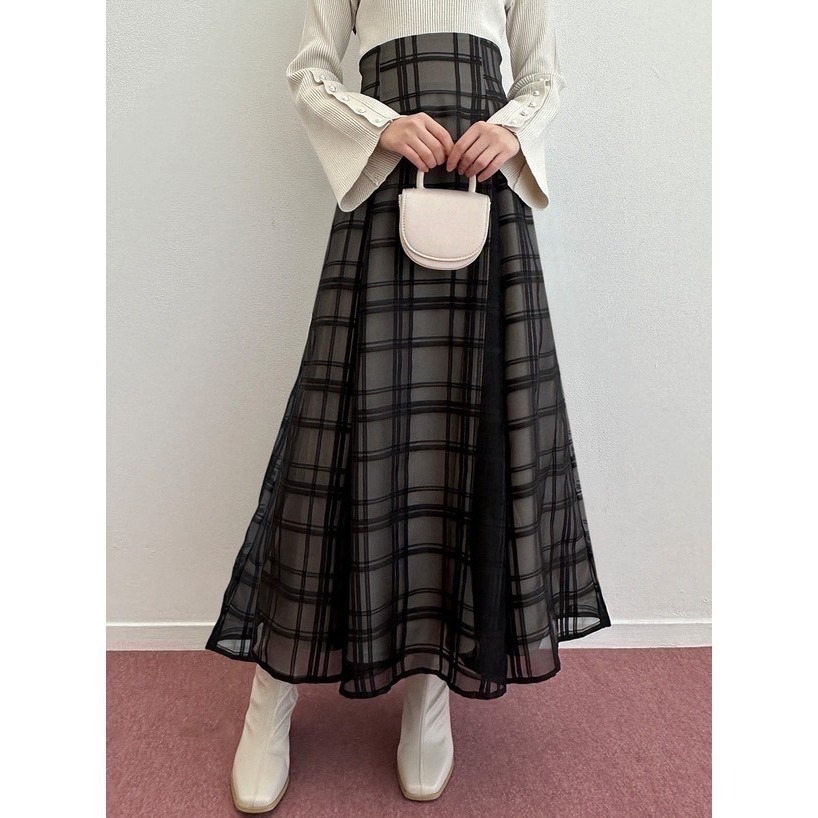 甜心貓~現貨。 GRL 🇯🇵超人氣！高腰顯瘦經典格子網紗喇叭裙 三色 S-L 長裙 A字裙 半身裙-細節圖4