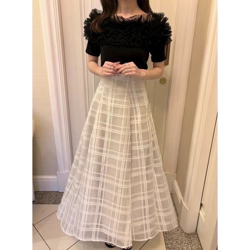 甜心貓~現貨。 GRL 🇯🇵超人氣！高腰顯瘦經典格子網紗喇叭裙 三色 S-L 長裙 A字裙 半身裙-細節圖9