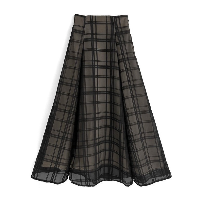 甜心貓~現貨。 GRL 🇯🇵超人氣！高腰顯瘦經典格子網紗喇叭裙 三色 S-L 長裙 A字裙 半身裙-規格圖11