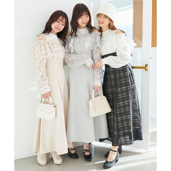 甜心貓~現貨+預購。日單 MAJESTIC LEGON 假兩件可露肩荷葉邊修身長袖洋裝 連衣裙 連身裙 SM 多色-細節圖2