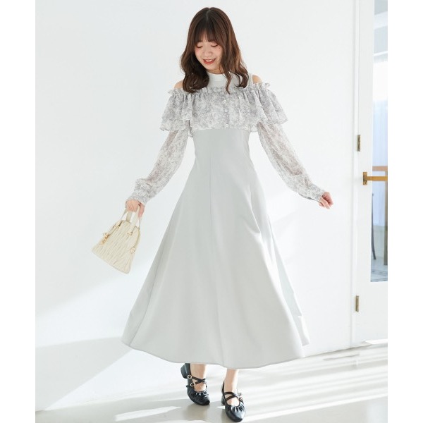 甜心貓~現貨+預購。日單 MAJESTIC LEGON 假兩件可露肩荷葉邊修身長袖洋裝 連衣裙 連身裙 SM 多色-細節圖3