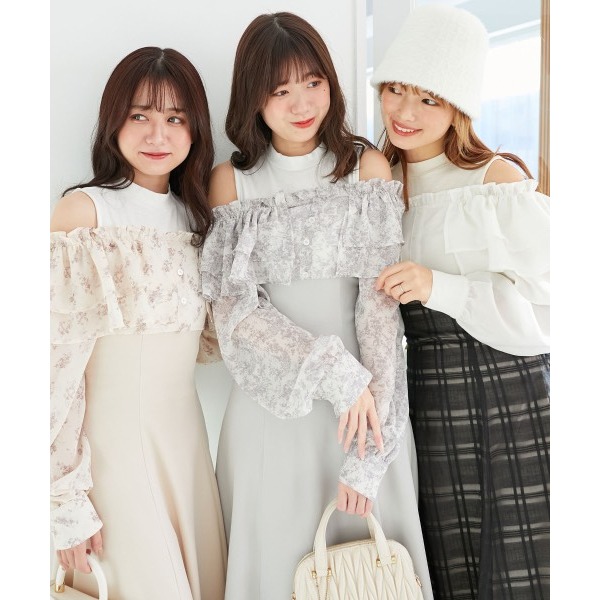 甜心貓~現貨+預購。日單 MAJESTIC LEGON 假兩件可露肩荷葉邊修身長袖洋裝 連衣裙 連身裙 SM 多色-細節圖6