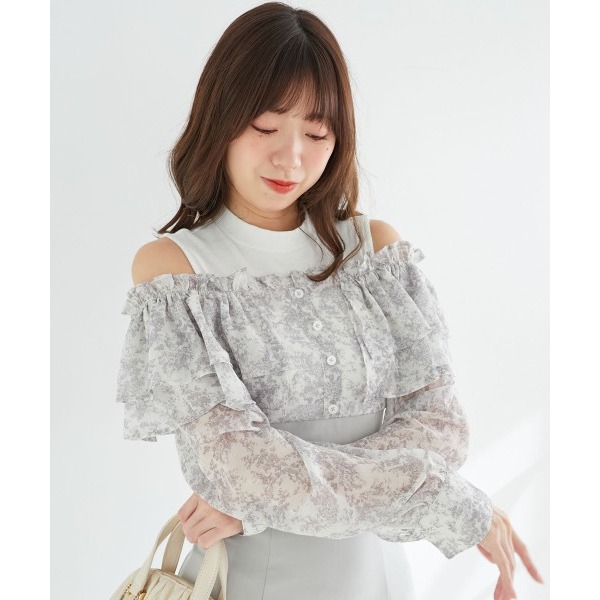 甜心貓~現貨+預購。日單 MAJESTIC LEGON 假兩件可露肩荷葉邊修身長袖洋裝 連衣裙 連身裙 SM 多色-細節圖8