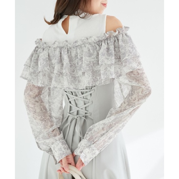 甜心貓~現貨+預購。日單 MAJESTIC LEGON 假兩件可露肩荷葉邊修身長袖洋裝 連衣裙 連身裙 SM 多色-細節圖9