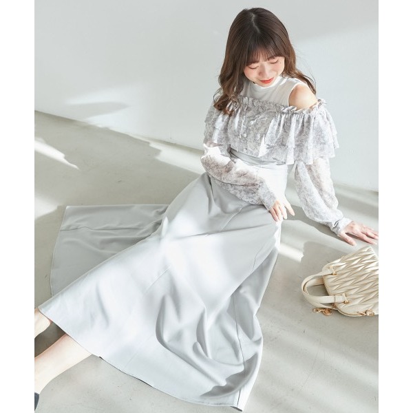 甜心貓~現貨+預購。日單 MAJESTIC LEGON 假兩件可露肩荷葉邊修身長袖洋裝 連衣裙 連身裙 SM 多色-細節圖10