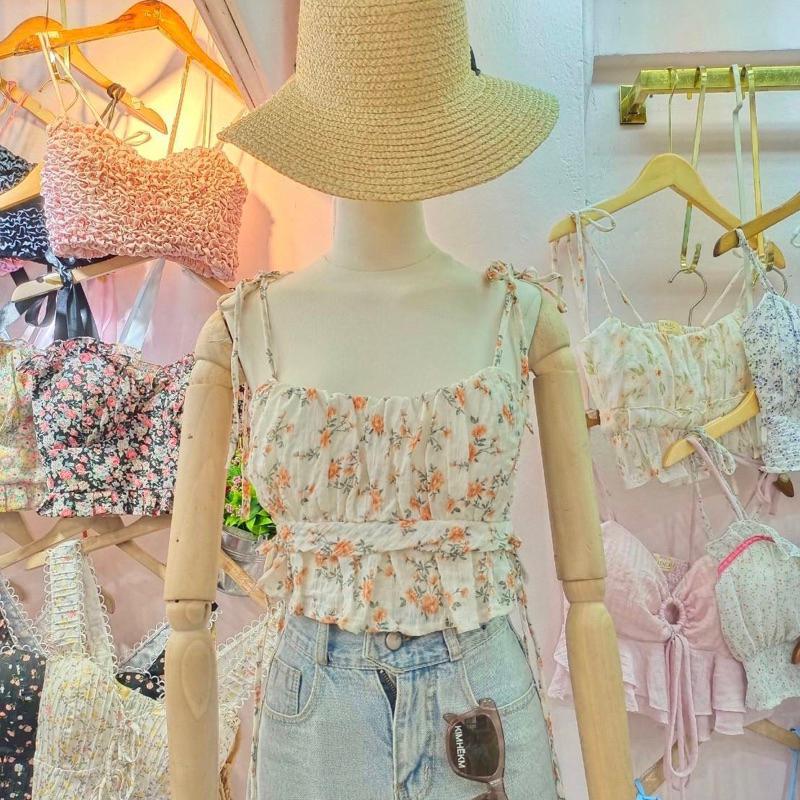 泰國🇹🇭碎花背心 雪紡桃心領綁帶小可愛-細節圖3