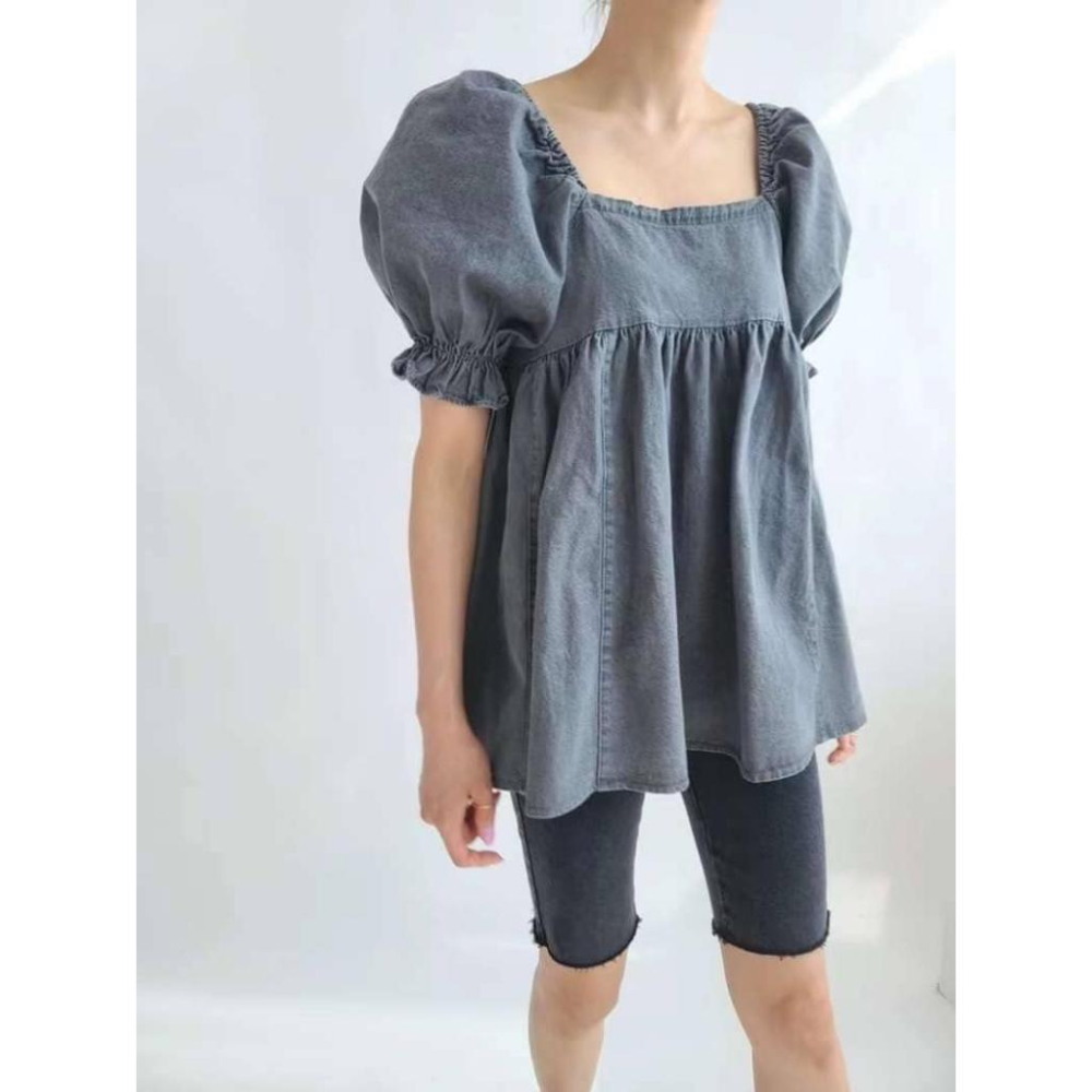 ⭐𝙈𝙖 𝙘𝙝𝙚𝙧𝙚⭐️ 現貨實拍 後鏤空綁帶牛仔膨膨袖上衣 (現貨售完斷貨！)-細節圖3