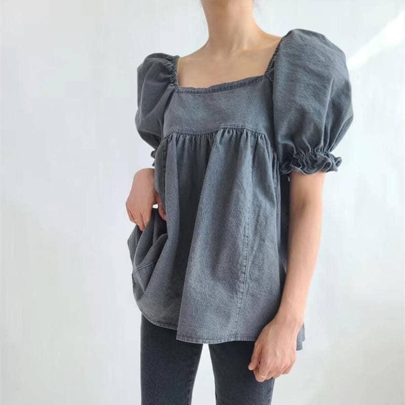 ⭐𝙈𝙖 𝙘𝙝𝙚𝙧𝙚⭐️ 現貨實拍 後鏤空綁帶牛仔膨膨袖上衣 (現貨售完斷貨！)-細節圖4