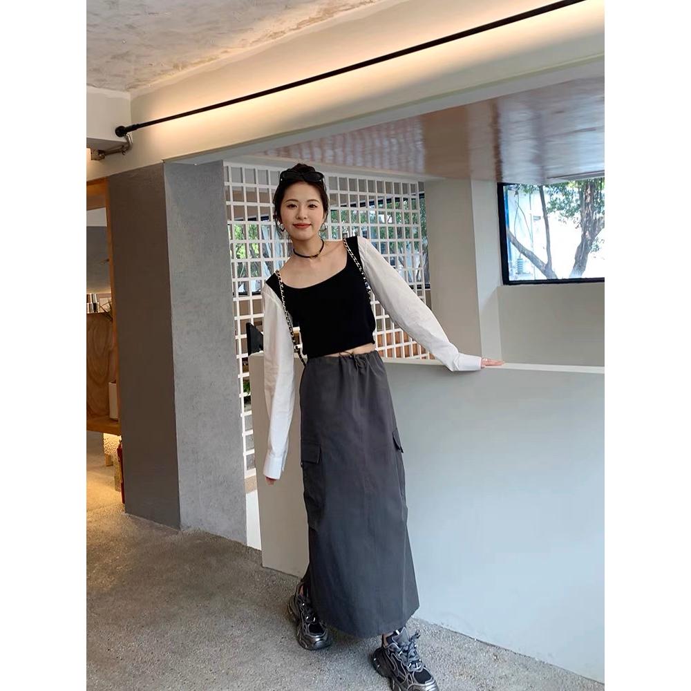 🔥現貨🔥 𝙈𝙖 𝙘𝙝𝙚𝙧𝙚 現貨實拍 水洗布抽繩工裝口袋長裙-細節圖4