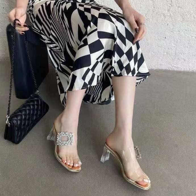 現貨銀色24.5一雙！！ ⭐𝙈𝙖 𝙘𝙝𝙚𝙧𝙚⭐️ 現貨實拍 韓國透明高跟帶方鑽涼拖鞋 (預購)-細節圖5