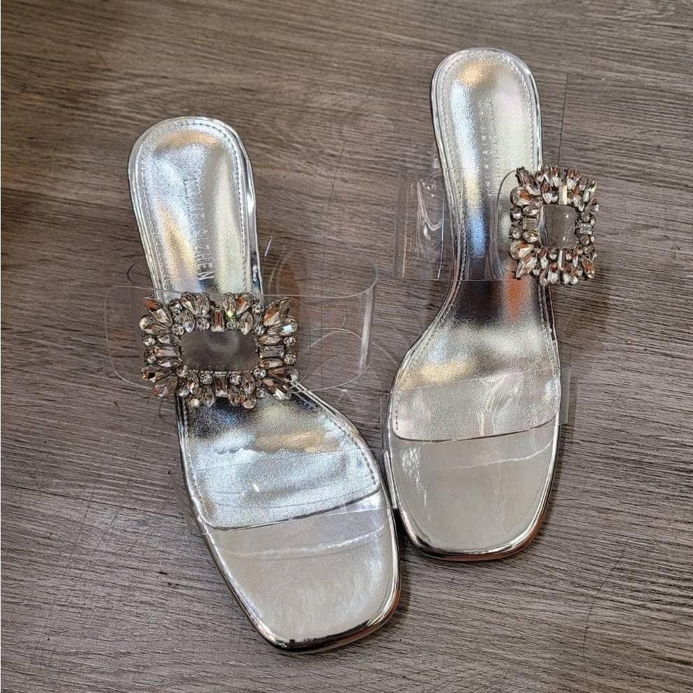 現貨銀色24.5一雙！！ ⭐𝙈𝙖 𝙘𝙝𝙚𝙧𝙚⭐️ 現貨實拍 韓國透明高跟帶方鑽涼拖鞋 (預購)-細節圖7