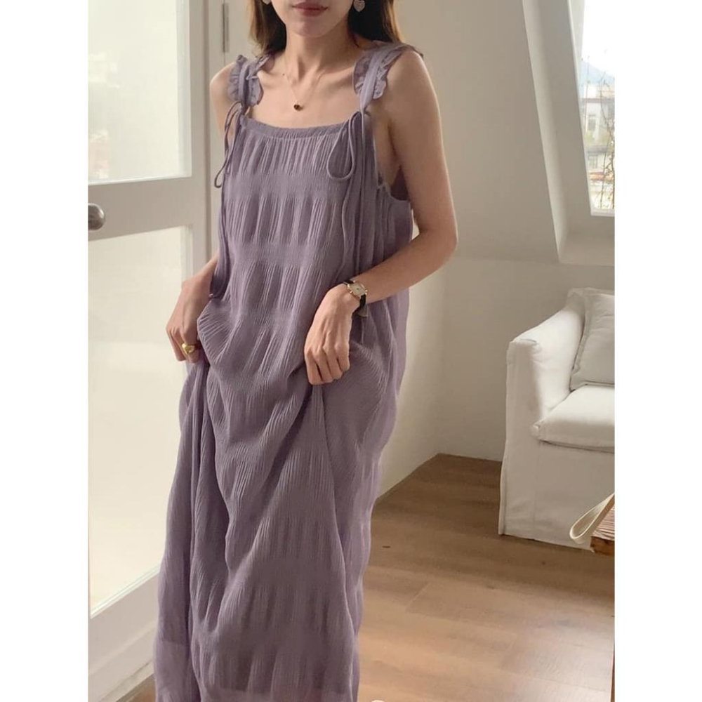 ⭐𝙈𝙖 𝙘𝙝𝙚𝙧𝙚⭐️ 現貨實拍 肩綁帶折皺感雪紡洋裝 (現+預)-細節圖2