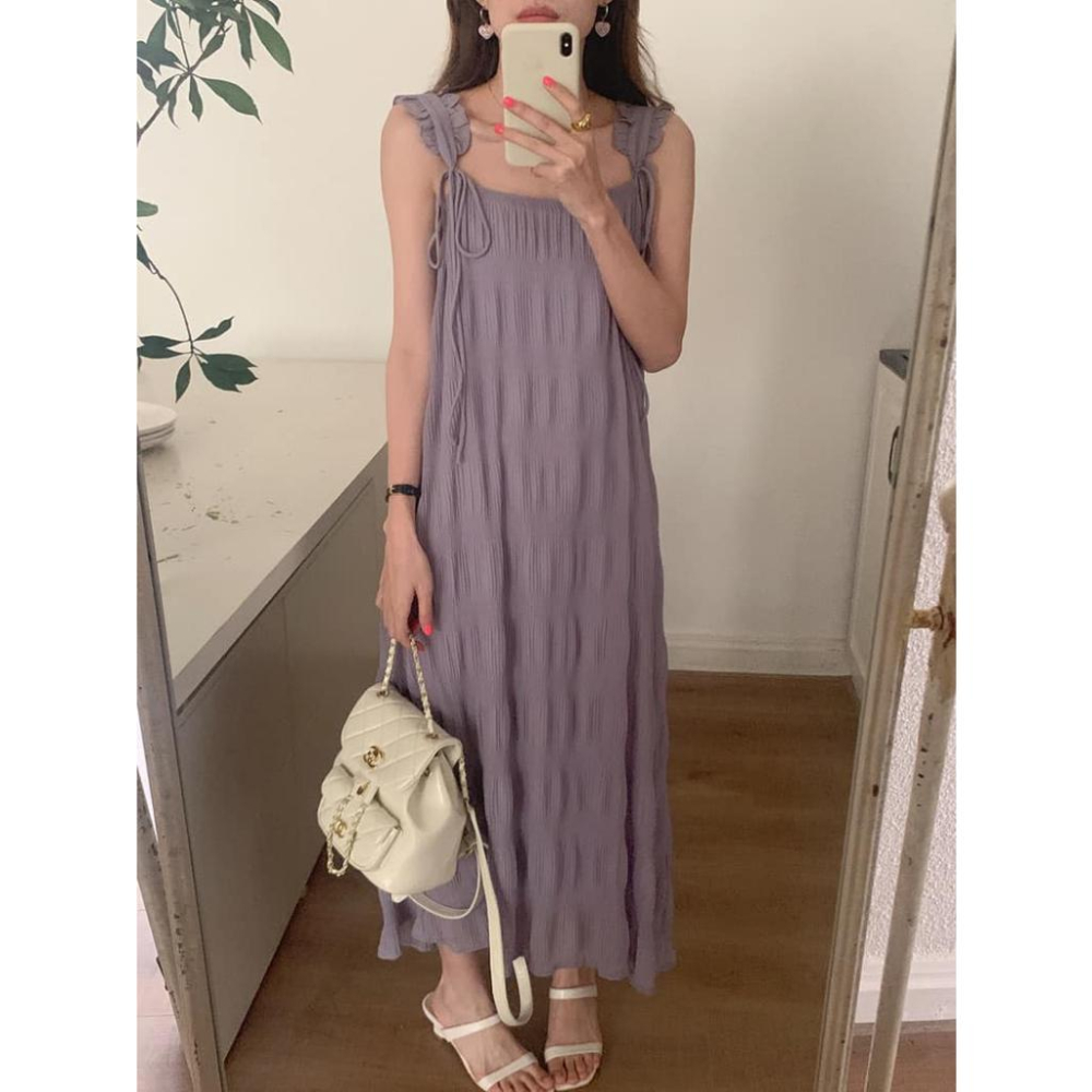 ⭐𝙈𝙖 𝙘𝙝𝙚𝙧𝙚⭐️ 現貨實拍 肩綁帶折皺感雪紡洋裝 (現+預)-細節圖3