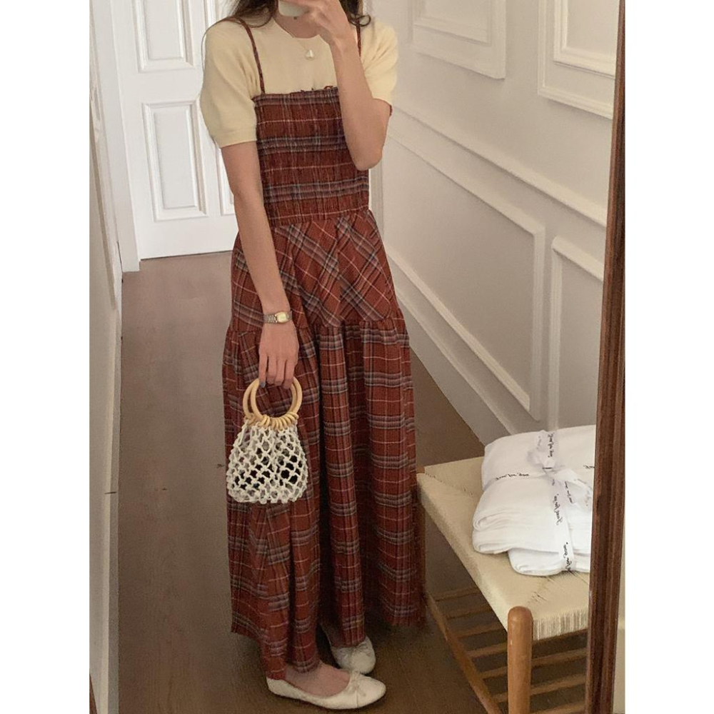 ⭐𝙈𝙖 𝙘𝙝𝙚𝙧𝙚⭐️ 現貨實拍 法式一字領細肩格子連身洋裝 (預購)-細節圖5